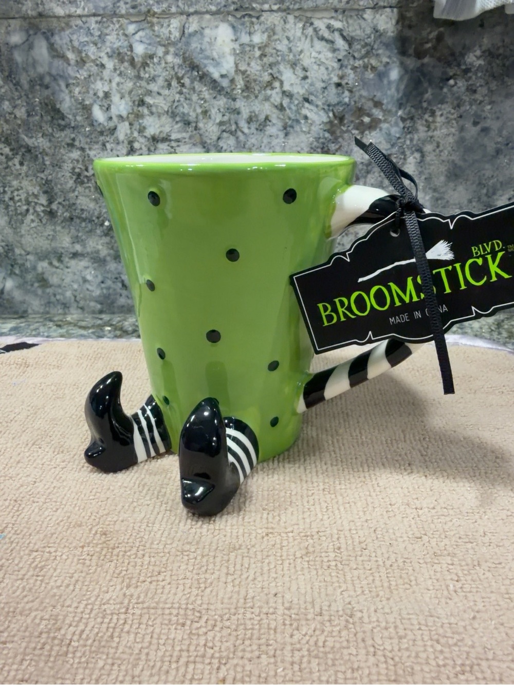 NWT Broomstick Blvd Witch Legs Halloween Mug Green Polka Dot Ceramic